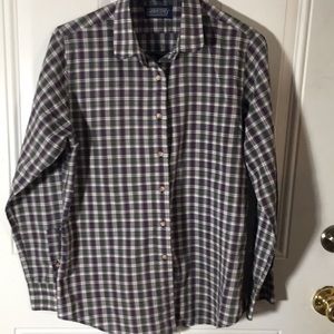 Lands End boys green & blue plaid button up collared shirt